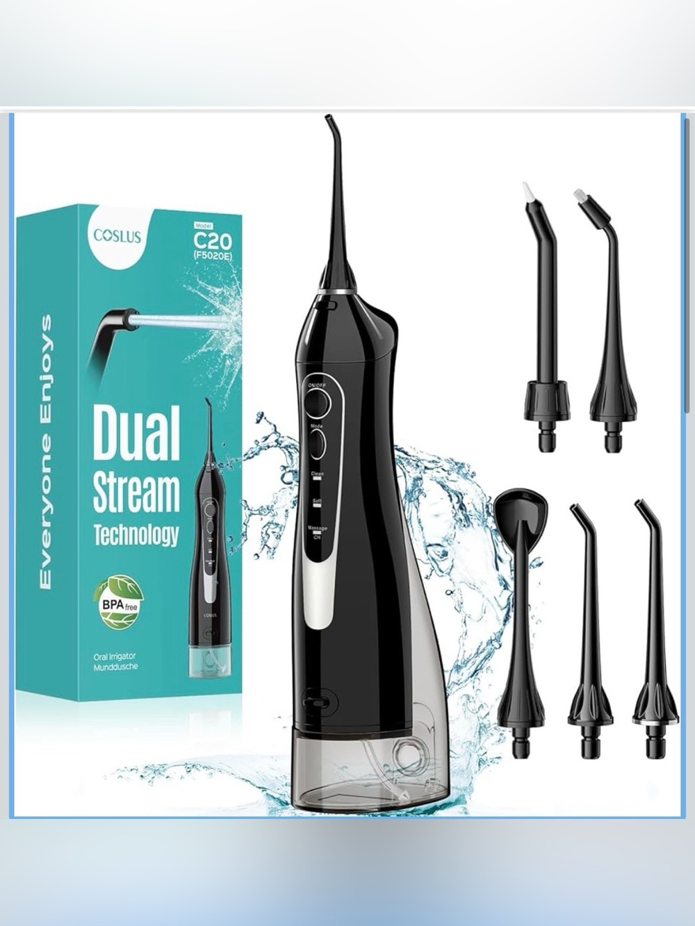 Black Cordless Water Flosser with Dual Stream Technology
